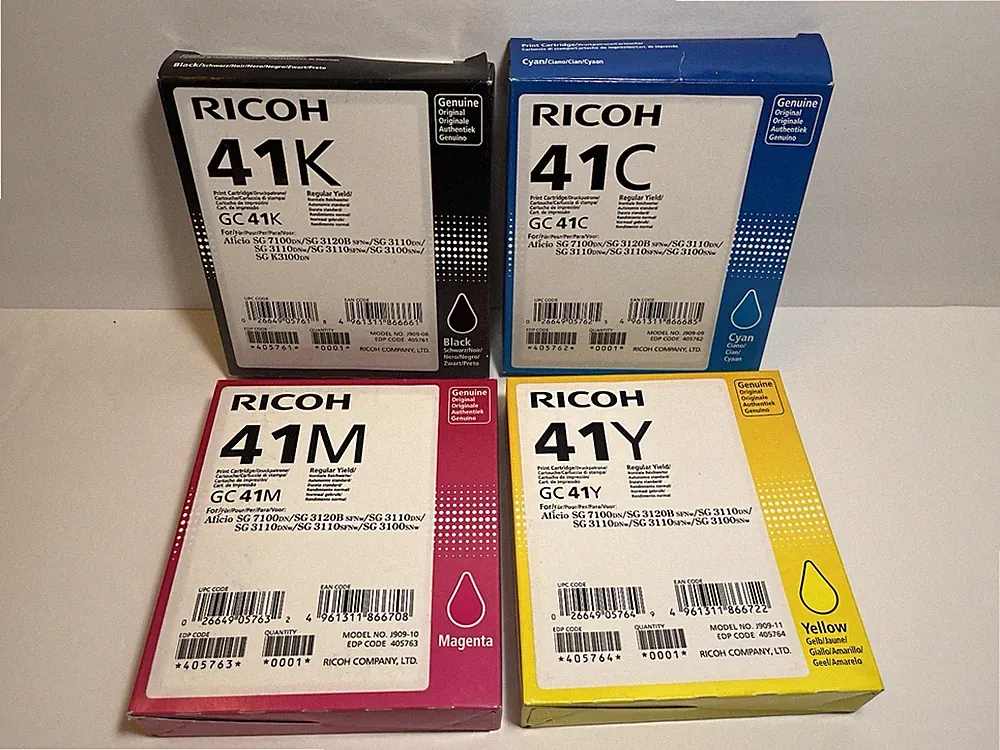4 Genuine RICOH 41 Black, Cyan, Magenta, Yellow Ink Cartridges EXP 2020