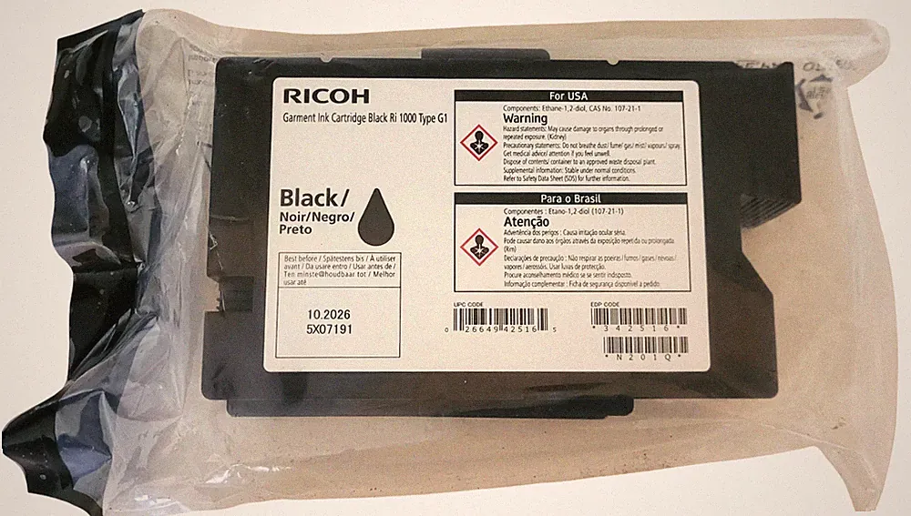 Ricoh Black Ri 1000 Type G1 Garment Ink Cartridge Exp: 10-2026