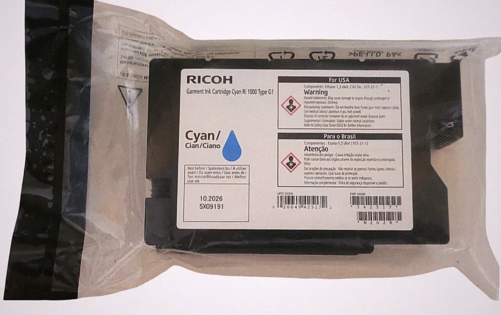 Ricoh Cyan Ri 1000 Type G1 Garment Ink Cartridge Exp: 10-2026