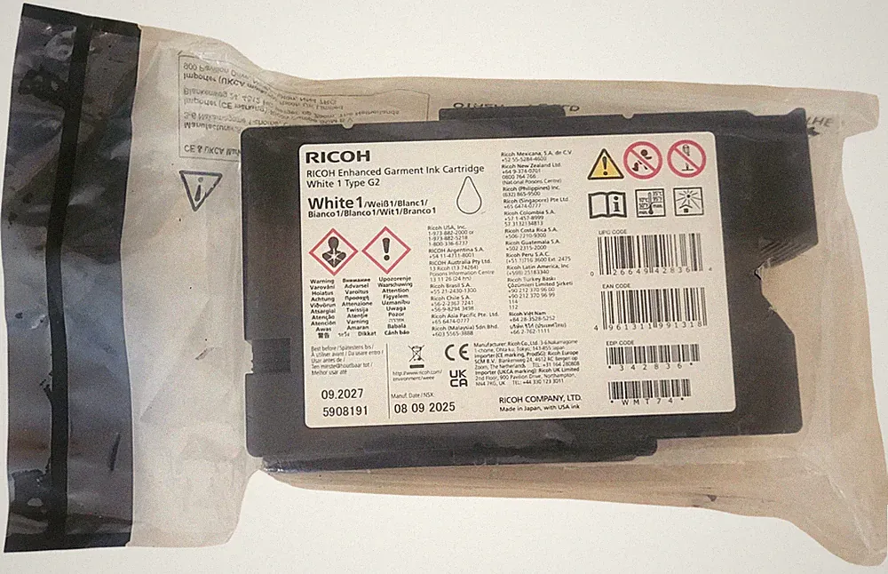 Ricoh White 1 Type G2 Enhanced Garment Ink Cartridge Exp: 09-2027