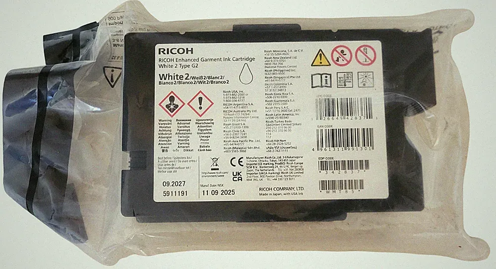 Ricoh White 2 Type G3 Enhsnced Garment Ink Cartridge Exp: 09-2027